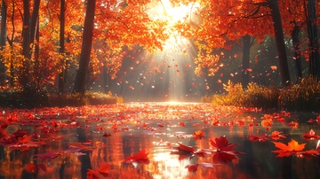 秋日阳光下的落叶美景