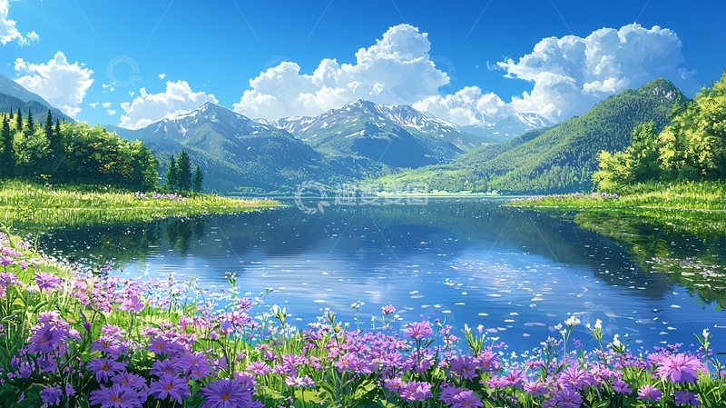 高清大图下载【趣麦麦图】湖光山色鲜花盛开