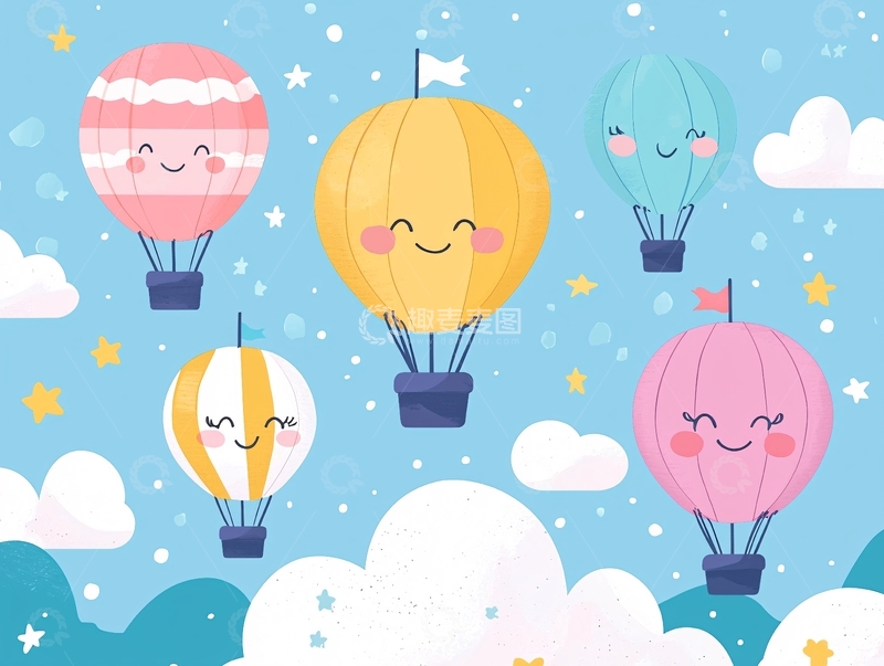 高清大图下载【趣麦麦图】卡通热气球在云朵和星星中
