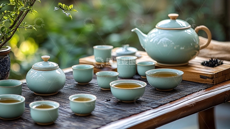 高清大图下载【趣麦麦图】青瓷茶具摆放在木桌上
