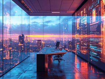 未来感办公室落地窗外夜景