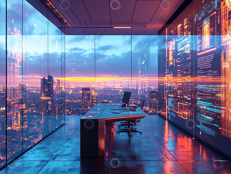 高清大图下载【趣麦麦图】未来感办公室落地窗外夜景