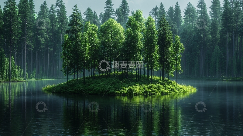 高清大图下载【趣麦麦图】湖中绿树成荫的小岛