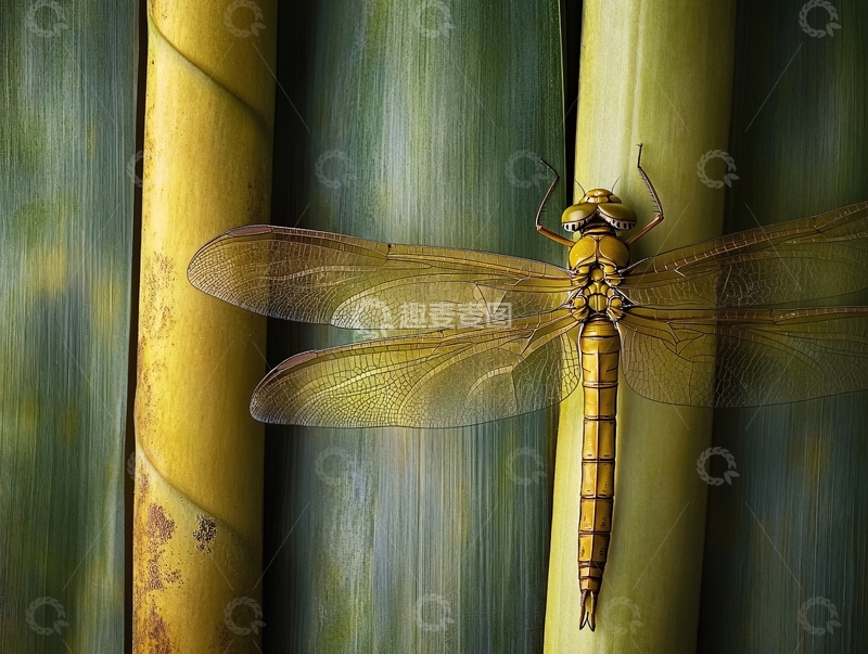 高清大图下载【趣麦麦图】蜻蜓绿色叶片