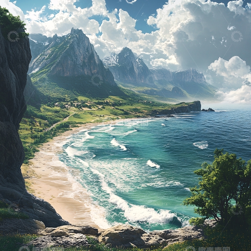 高清大图下载【趣麦麦图】唯美海岸风景插画1