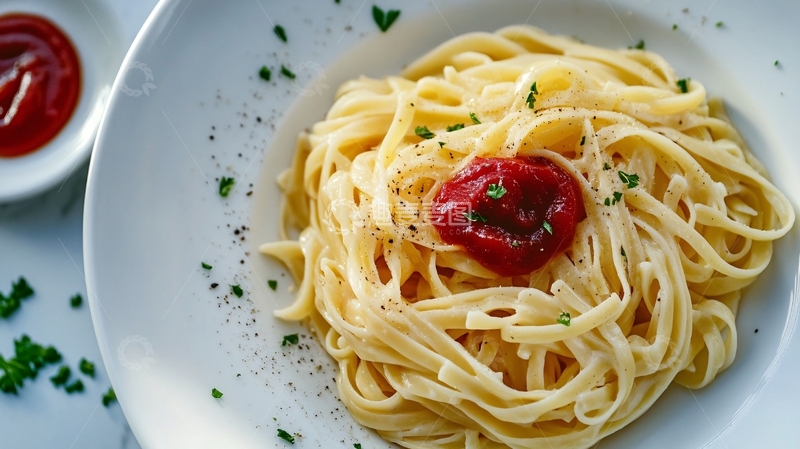 高清大图下载【趣麦麦图】白盘俯拍番茄酱罗勒意大利面2