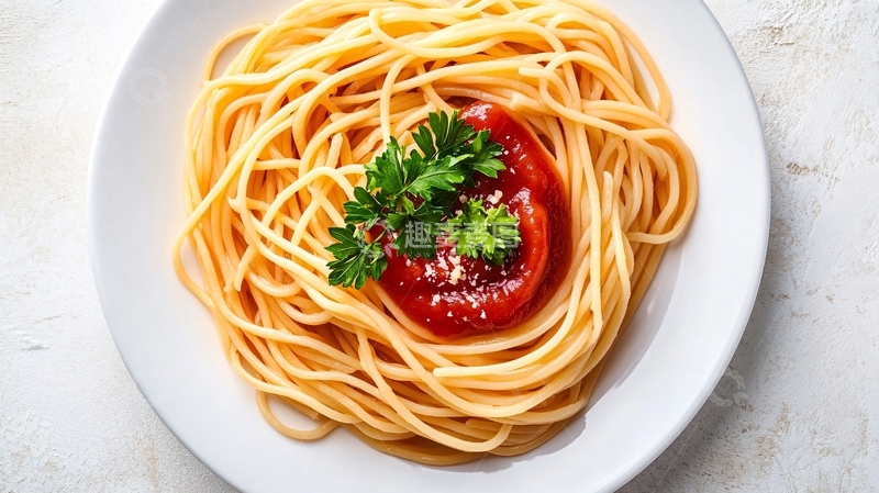 高清大图下载【趣麦麦图】白盘俯拍番茄酱罗勒意大利面1