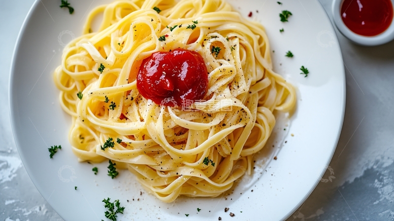 高清大图下载【趣麦麦图】白盘俯拍番茄酱罗勒意大利面