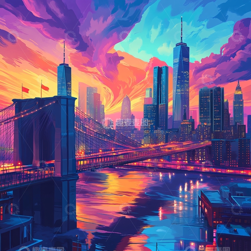 高清大图下载【趣麦麦图】日落城市插画