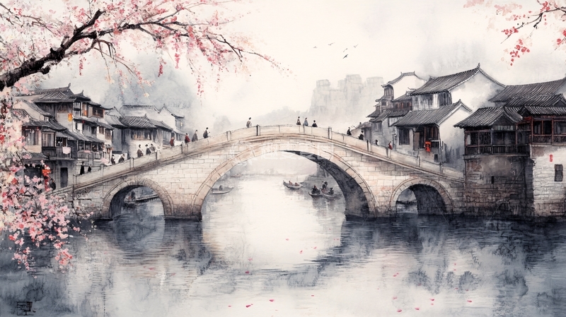 高清大图下载【趣麦麦图】古桥插画