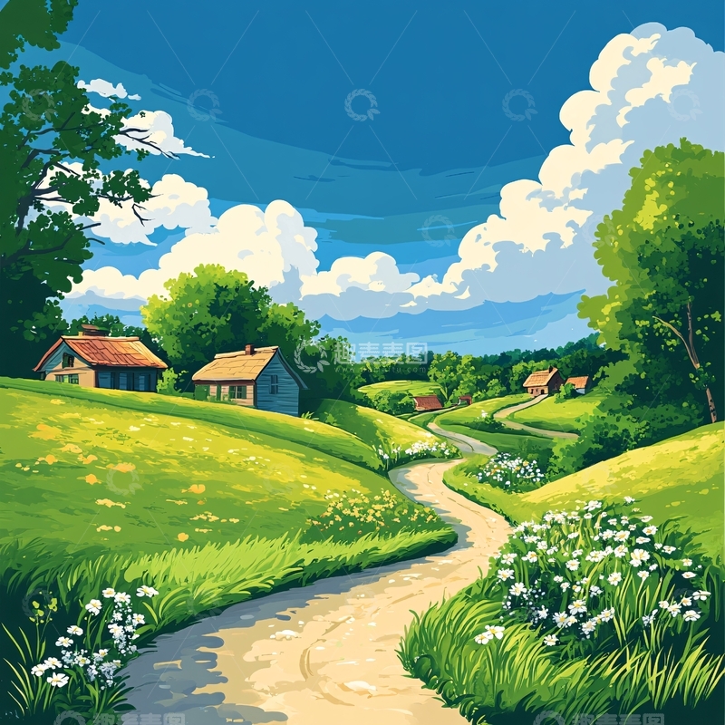 高清大图下载【趣麦麦图】乡村场景插画