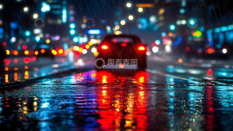 高清大图下载【趣麦麦图】雨夜行人与车辆