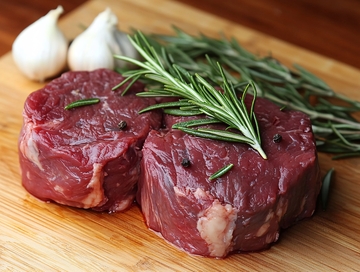 新鲜生牛肉放在切菜板上