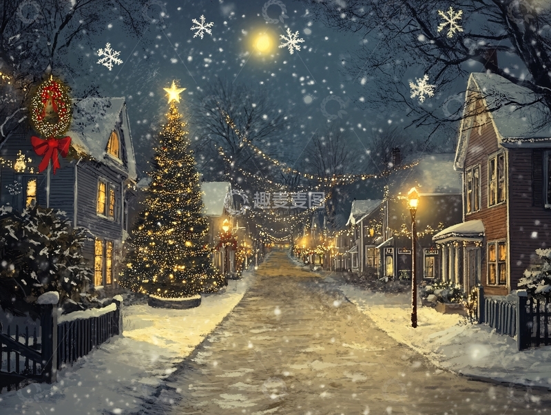高清大图下载【趣麦麦图】房屋街道圣诞节雪景2