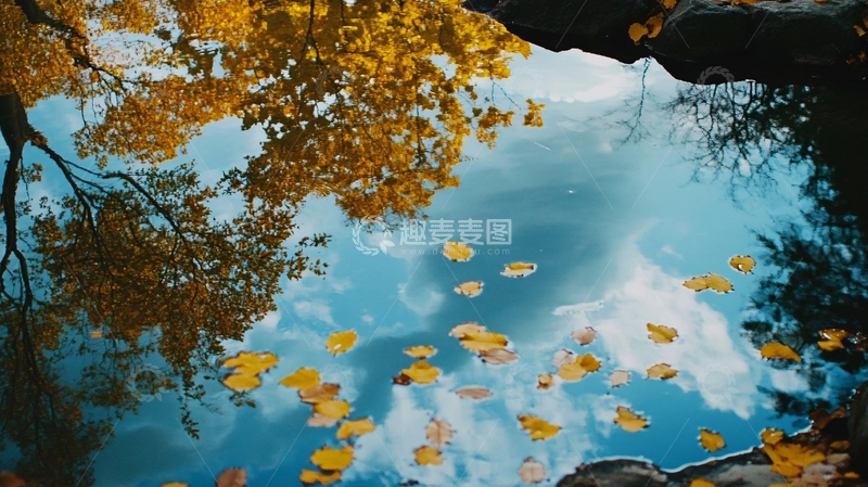 高清大图下载【趣麦麦图】-水面黄色落叶