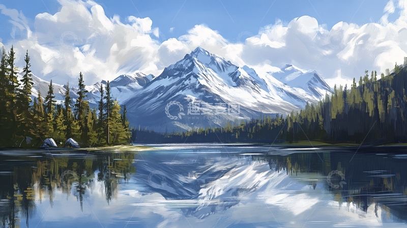 高清大图下载【趣麦麦图】山湖插画