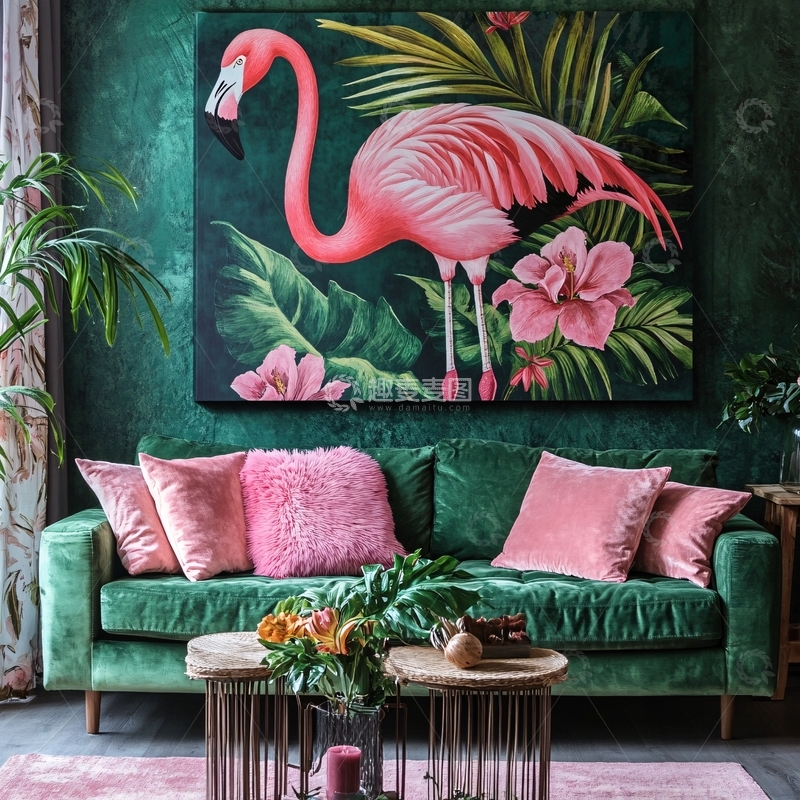 高清大图下载【趣麦麦图】火烈鸟客厅背景墙1