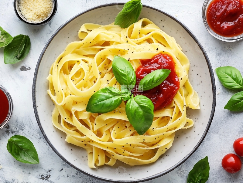 高清大图下载【趣麦麦图】白盘俯拍番茄酱罗勒意大利面4