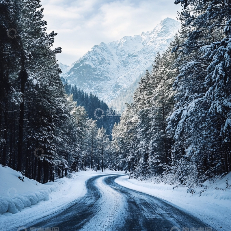 高清大图下载【趣麦麦图】冬季森林山路积雪车辙