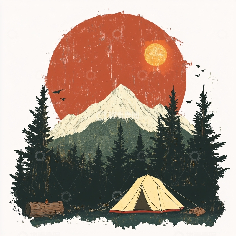 高清大图下载【趣麦麦图】手绘山林露营地2