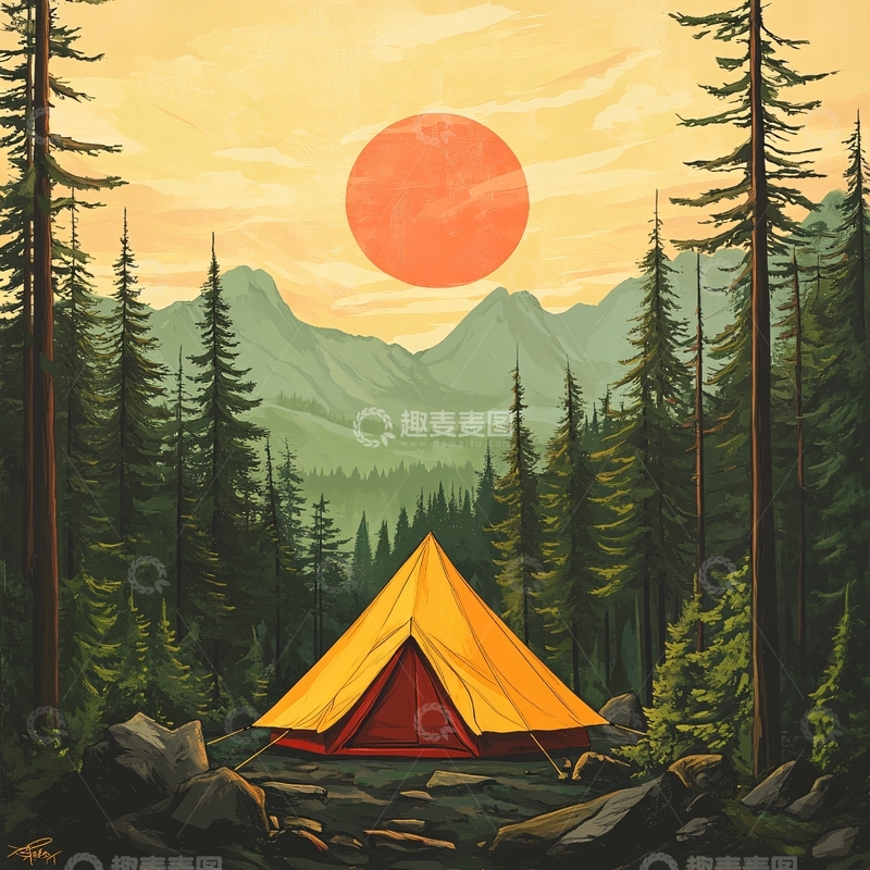 高清大图下载【趣麦麦图】手绘山林露营地1