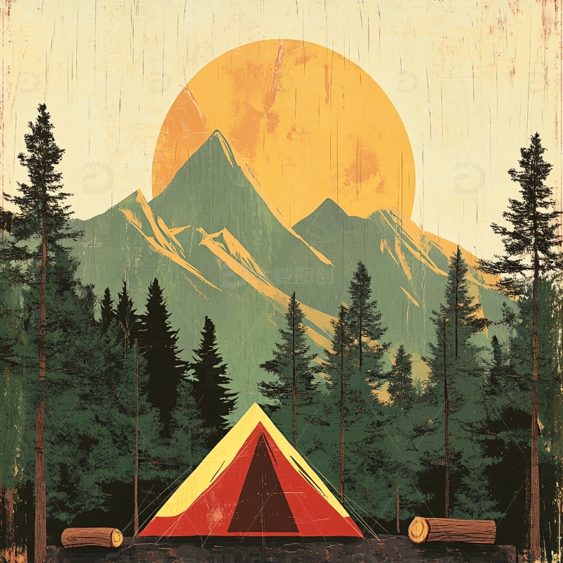 高清大图下载【趣麦麦图】手绘山林露营地