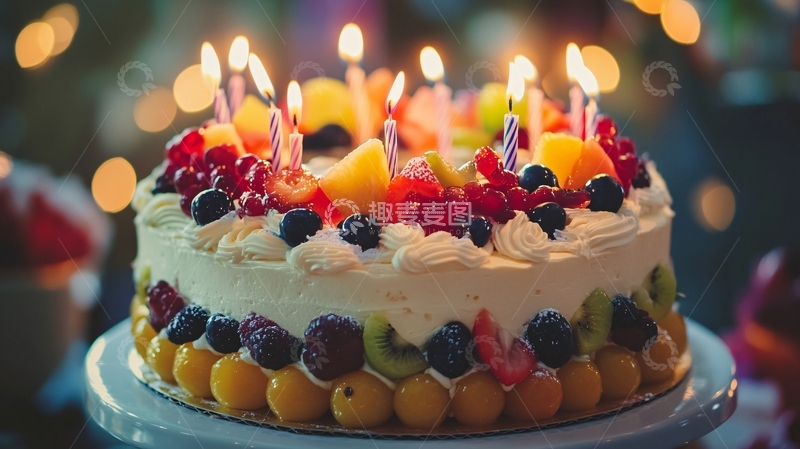 高清大图下载【趣麦麦图】点燃蜡烛的水果蛋糕