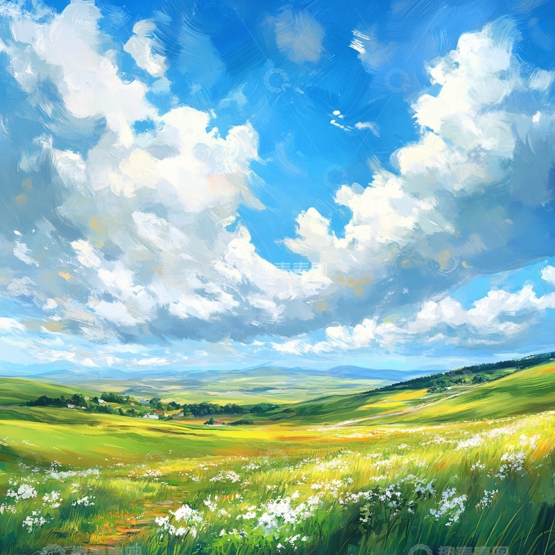 高清大图下载【趣麦麦图】蓝天白云绿草油画