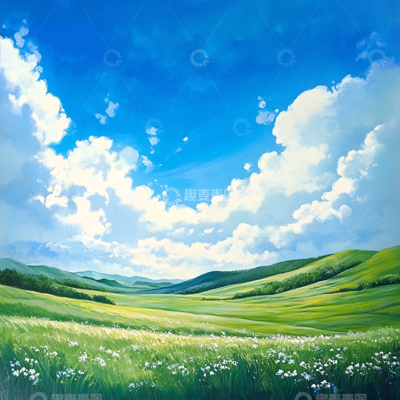 高清大图下载【趣麦麦图】蓝天白云绿草油画1