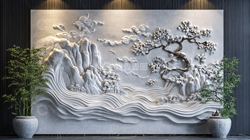 高清大图下载【趣麦麦图】中式山水浮雕