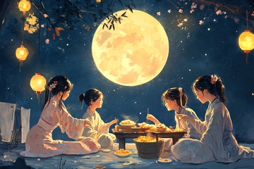 中秋团圆人物插画