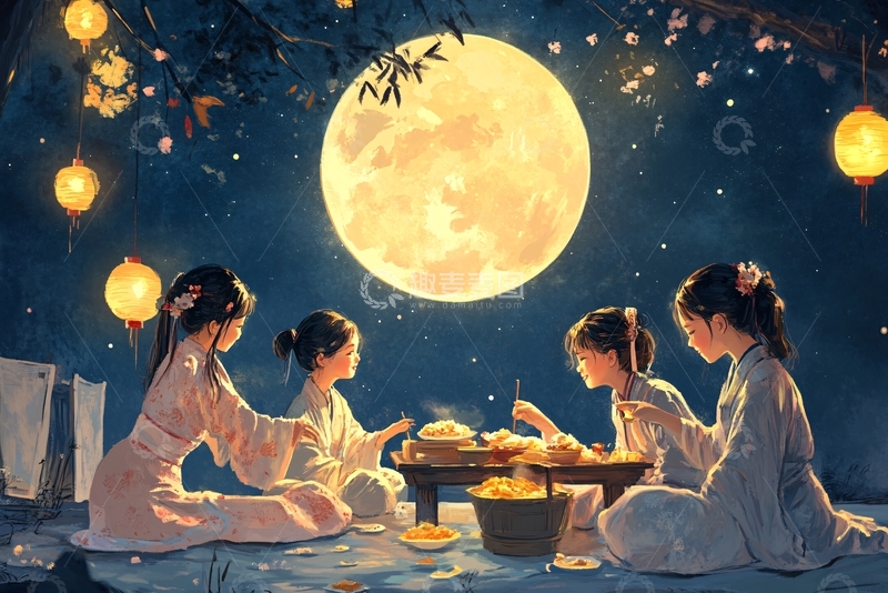 高清大图下载【趣麦麦图】中秋团圆人物插画