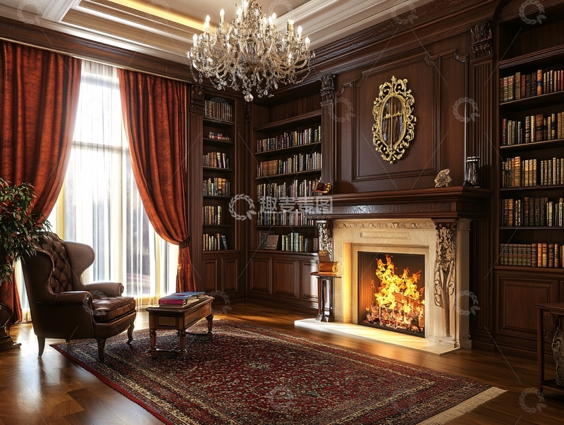 高清大图下载【趣麦麦图】-壁炉书柜书刊书橱