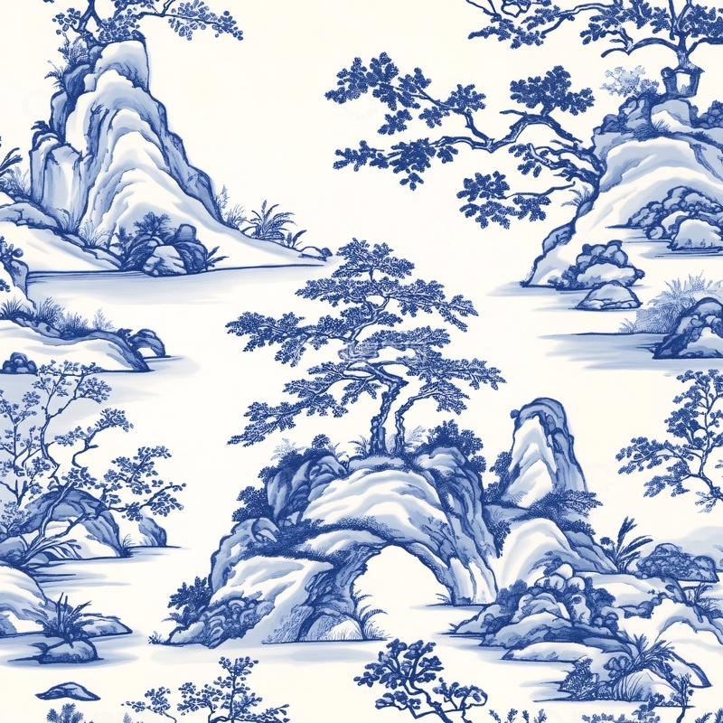 高清大图下载【趣麦麦图】青花线描松树背景墙