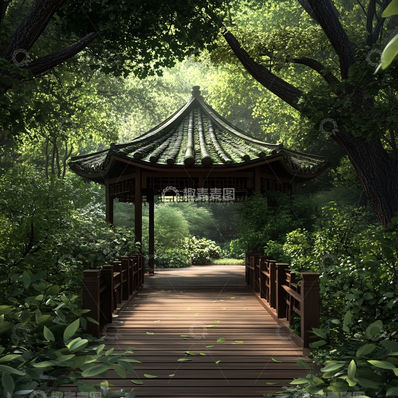 高清大图下载【趣麦麦图】中式凉亭木船桥弹琴