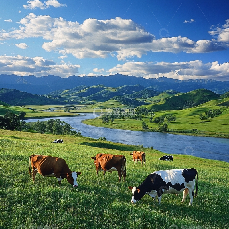 高清大图下载【趣麦麦图】夏季草原河流牛群