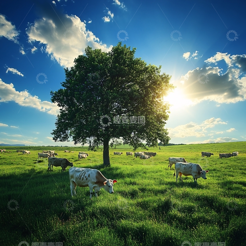 高清大图下载【趣麦麦图】草原上树下的牛