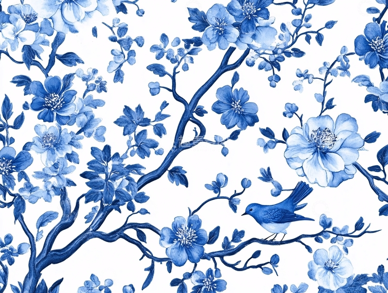 高清大图下载【趣麦麦图】蓝色花鸟图