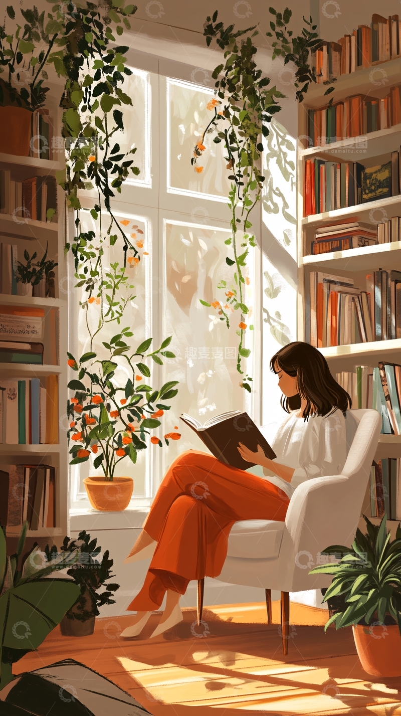高清大图下载【趣麦麦图】-坐在窗前看书的女孩