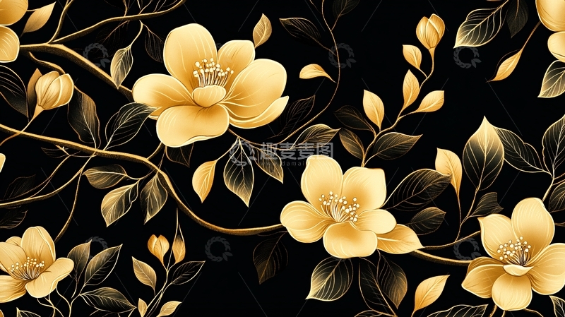 高清大图下载【趣麦麦图】高精手绘黄金拉丝花卉