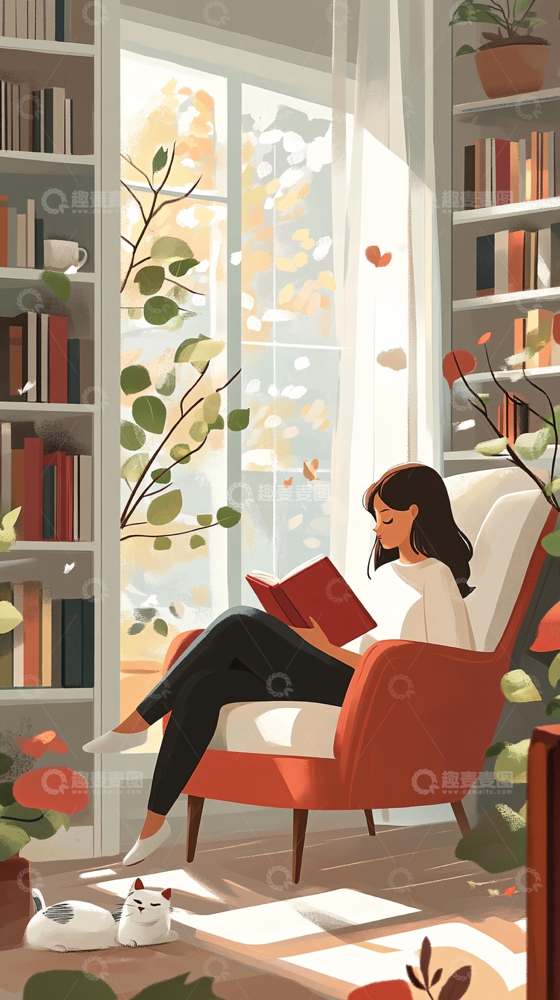 高清大图下载【趣麦麦图】坐在窗前看书的女孩1