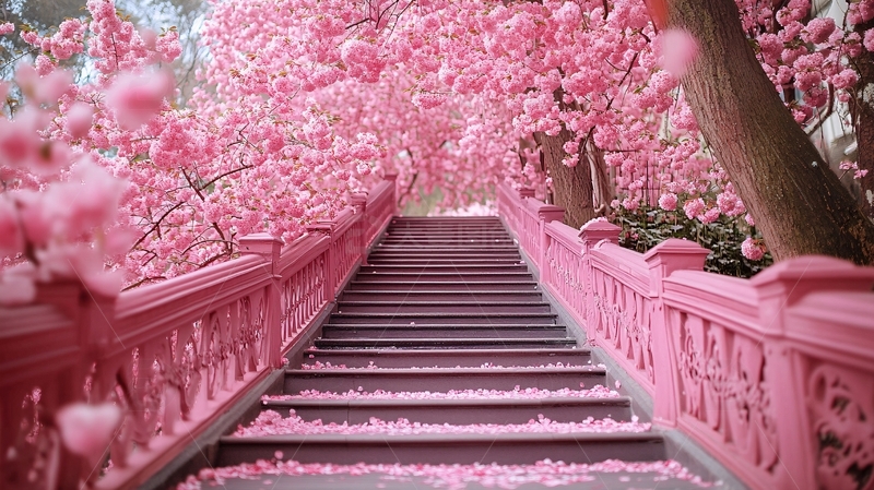高清大图下载【趣麦麦图】浪漫的樱花盛开的楼梯1