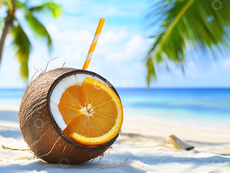 高清大图下载【趣麦麦图】椰树风扇冷饮手绘