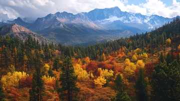 森林黄叶深秋白雪山峰