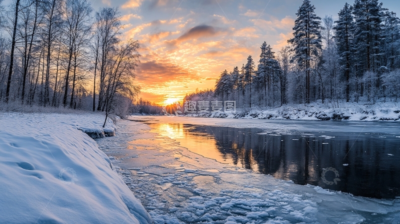 高清大图下载【趣麦麦图】不冻河清晨日出
