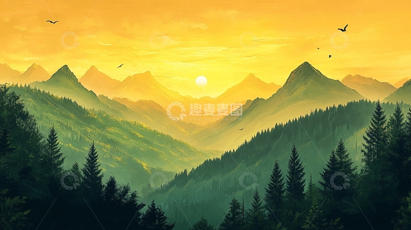 高清大图下载【趣麦麦图】黄昏远山插画