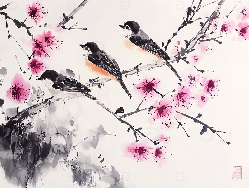 高清大图下载【趣麦麦图】喜上枝头水墨画