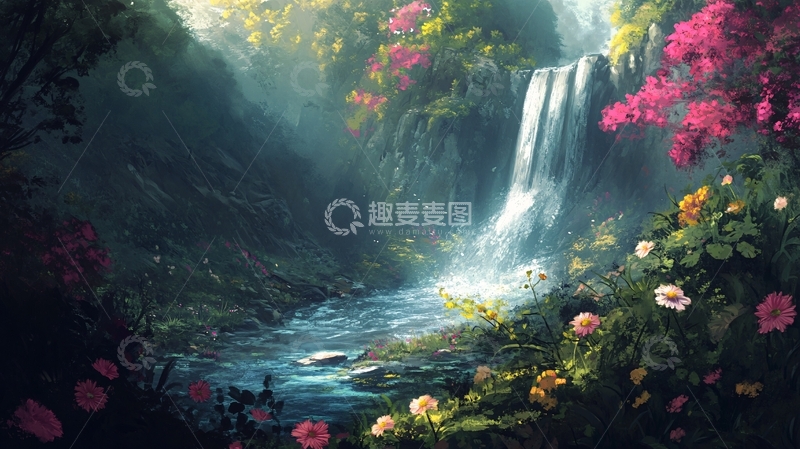 高清大图下载【趣麦麦图】山水风景油画瀑布