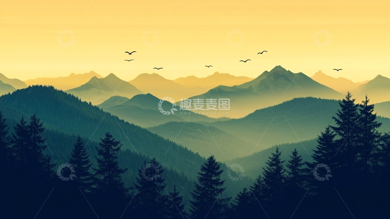 高清大图下载【趣麦麦图】群山远山树木日出大雁