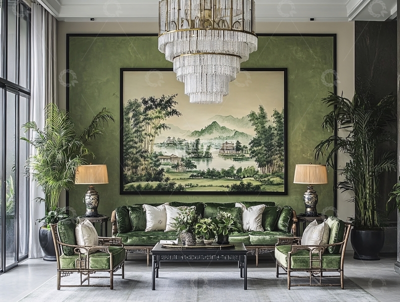 高清大图下载【趣麦麦图】绿色山水壁画装饰
